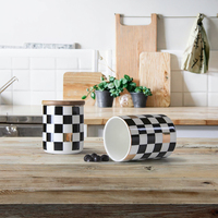 Pot de rangement en céramique à motif damier nordique avec couvercle en bois pour café, fleurs, thé, cosmétiques, alimentation scolaire et aliments pour chats