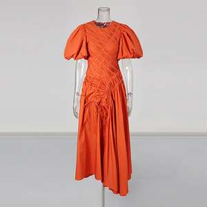 Abito Lungo Vintage Europeo-Americano dal Design Unico, Nuovo Modello con <span class=keywords><strong>Maniche</strong></span> a Sbuffo, Vita Plissettata, Collo Tondo, Vestibilità Slim, Vita Alta per Donna - Product Image 4
