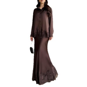 Ensemble robe longue pour femme, café, polyester, dentelle, patchwork, style décontracté, style européen, tenue longue - Product Image 5