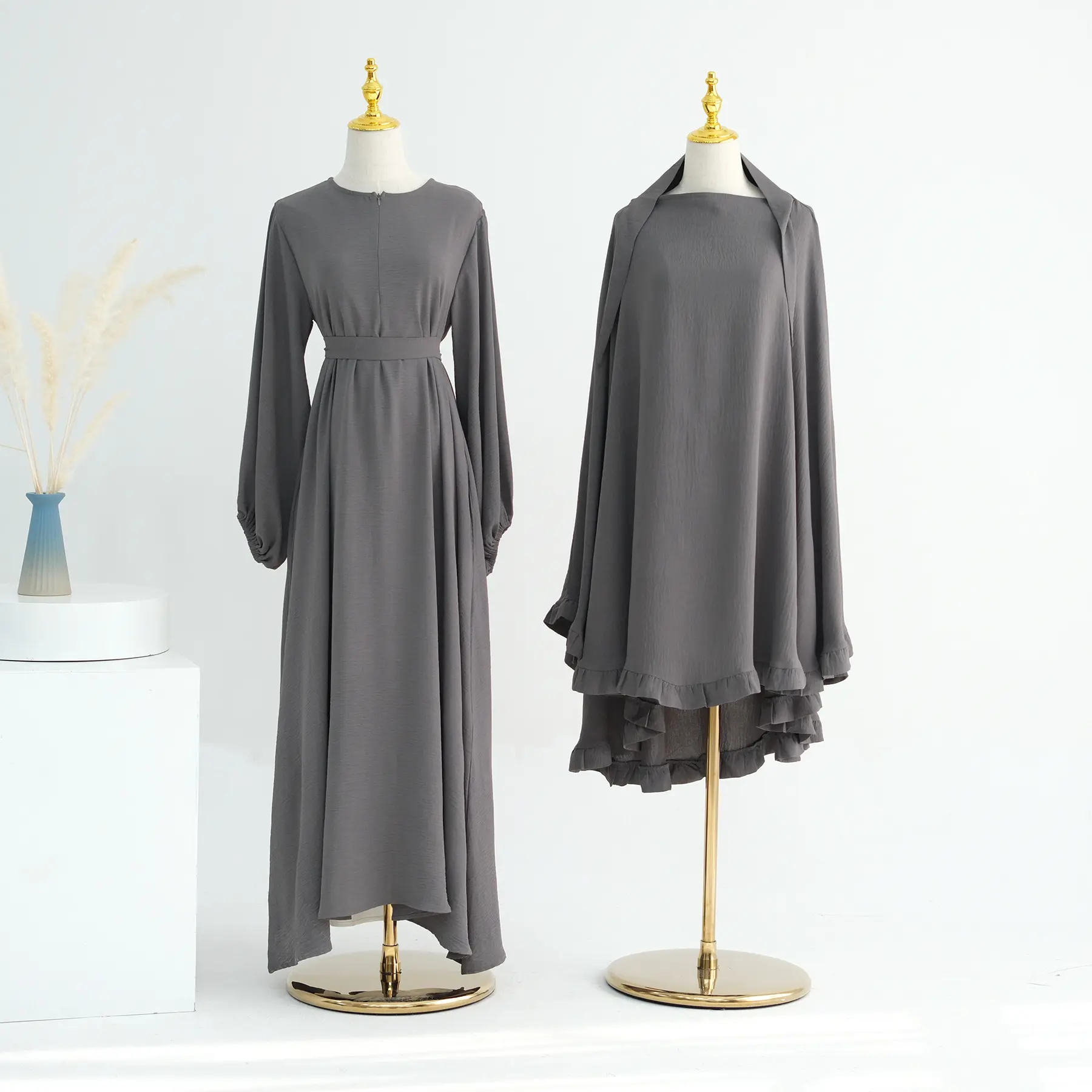 Robe de mode musulmane à manches longues en soie grise de qualité supérieure abaya musulmane pour femme robe musulmane pour femme