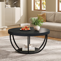 Table basse ronde industrielle de 32 pouces à 2 niveaux en bois avec rangement ouvert, table d'appoint circulaire, meubles de salon, noir
