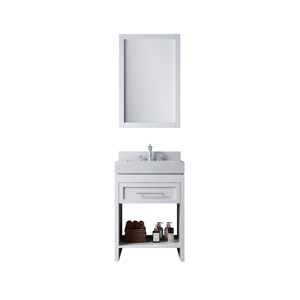 Modern White <b>Small</b> Bathroom <b>Vanity</b> with Frame <b>Mirror</b> Freestanding Cabinet Carrara Marble Top 1 Drawer Open Storage Sink Cabinet - Product Image 1