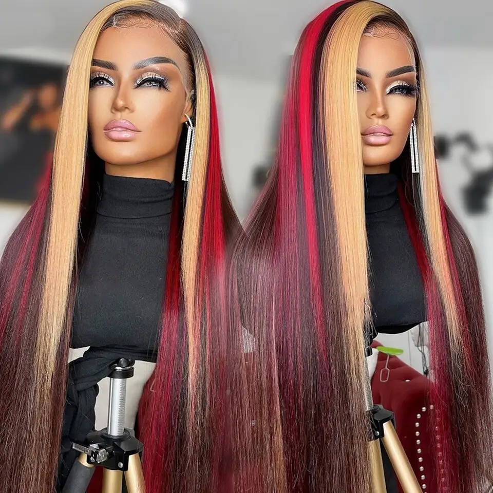 Highlight Red Blonde Color Lace Front Wigs Human Hair High Quality Pre Plucked HD Lace Frontal Wigs with Baby Hair