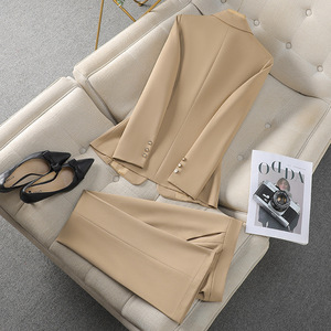 Khaki Women's Suit Set Solid Color Polyester Wool <b>Blend</b> No-Wrinkle Treatment Casual Wear - Product Image 4