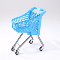 Carrito de compras de malla plástica azul lago con cuatro ruedas y estructura de acero, carrito móvil para uso en supermercados