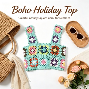 Top court en <span class=keywords><strong>crochet</strong></span> fait main <span class=keywords><strong>Granny</strong></span> Square, motif floral coloré, sans manches, style cami, débardeur bohème ajouré, tricoté, pour l'été et la plage, personnalisé - Product Image 5