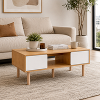 Table basse minimaliste avec rangement, table de salon moderne en bois avec armoires et étagères ouvertes