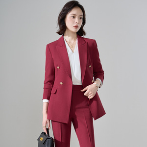 Women's Suit Set Beige Double Breasted Blazer Flared Pants Full Sleeve Notched Collar Casual Winter 2025 - Product Image 5
