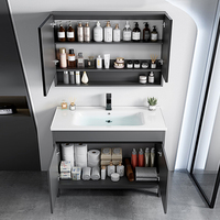 Meuble-lavabo autoportant en acier inoxydable, vasque en céramique et armoire miroir LED, minimaliste, rangement étanche pour la maison, l'hôtel et l'appartement
