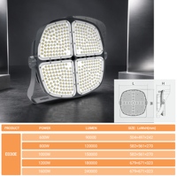 Projecteur de stade LED OUTLUX E030 600W IP66 étanche en aluminium haute luminosité avec température de couleur 6500K, certifié AC RoHS, garantie 5 ans