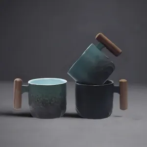 Tazza <span class=keywords><strong>da</strong></span> Caffè in Ceramica Blu con Manico in Legno Retrò, Tazza <span class=keywords><strong>da</strong></span> Tè con Filtro, Tazza per Acqua <span class=keywords><strong>da</strong></span> Ufficio, Tazza <span class=keywords><strong>da</strong></span> Caffè con Smalto Sfumato in Tinta Unita - Product Image 5