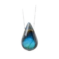 Pendentif Goutte d'Eau en Cristal Naturel de Labradorite, Pierre Brute Polie, Thème Nature, Chaîne Clavicule, Bijou Charme, Cadeau