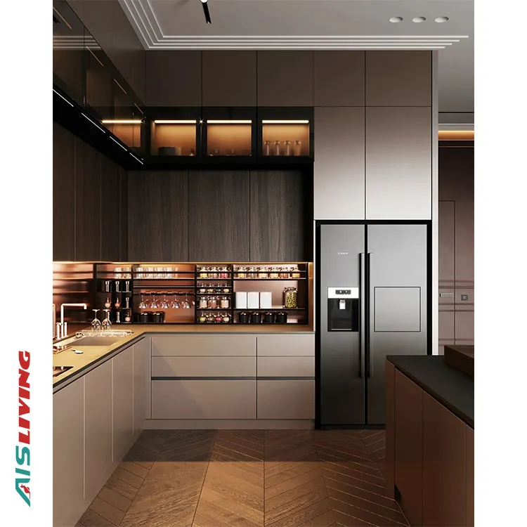 High Quality Multifunctional Kitchen Cabinet Overall Cabinet Customization Simple Tempered Glass Countertop Kitchen Cabinet