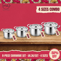 Batterie de cuisine moderne 8 pièces en acier inoxydable écologique et léger, comprenant des casseroles lisses de 16, 18, 20, 22 cm, compatible induction, pour la maison