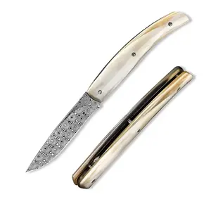 Pequeño <span class=keywords><strong>tatuaje</strong></span> rosa de acero damasco, <span class=keywords><strong>cuchillo</strong></span> de bolsillo plegable con mango de cuerno de flor de vaca - Product Image 2