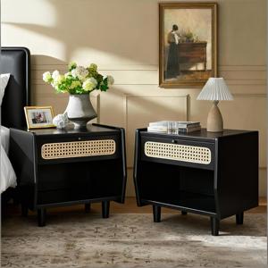 Black Nightstand With Rattan Detail MDF Solid Wood Modern Bedroom <b>Storage</b> <b>Open</b> Shelf Drawer Indoor Furniture - Product Image 3