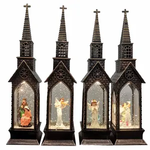 LEDライト付き液体クリスマスツリーミニウォーターランタンとバレンタインデーの装飾のための正方形の教会の形のランタン