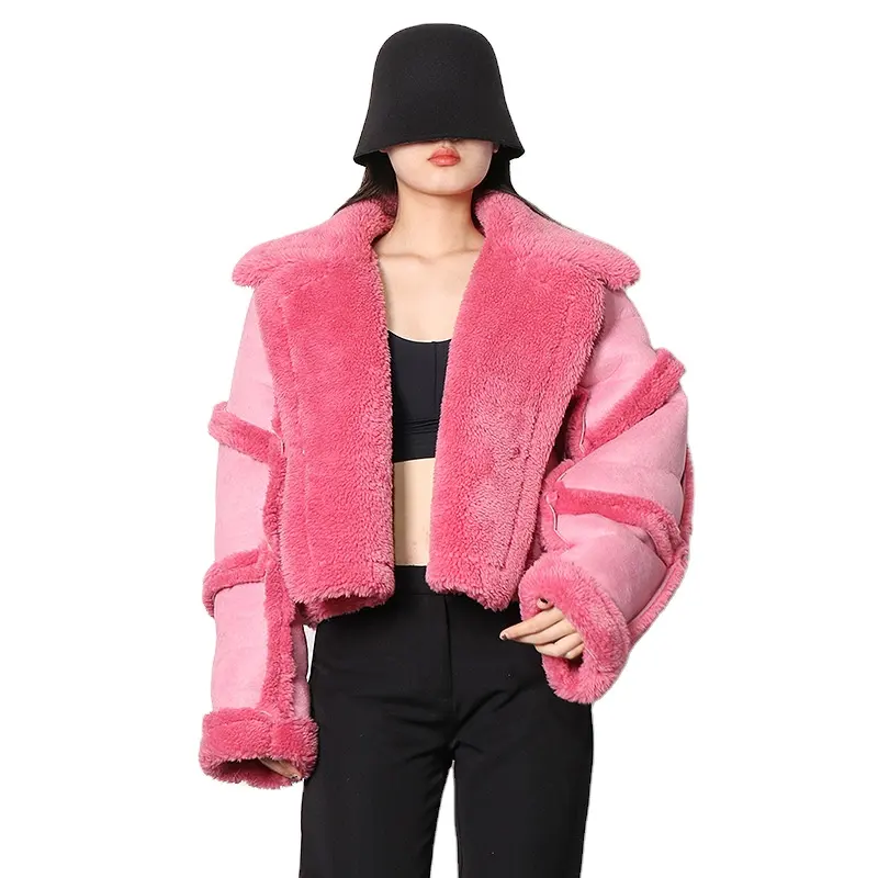 Fur all-in-one jacket winter new lapel thickened solid color stitching short lamb wool women's clothing