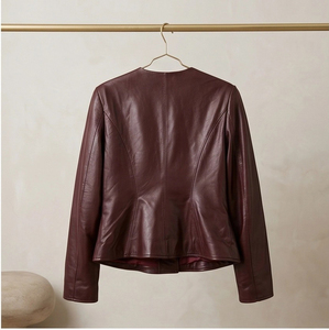 Premium <strong>Burgundy</strong> <strong>Leather</strong> <strong>Jacket</strong> Women Elegant Single Breasted Outerwear for Daily Commute &amp; Weekend - Product Image 3