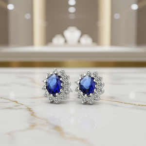 E692 Orecchini con cristalli blu in argento 925 placcato rodio a forma di fiore, gioielli classici da donna per feste - Product Image 2