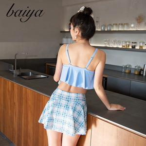 ชุดว่ายน้ำสองชิ้นลายสก็อตสีน้ำเงิน กระโปรงครอปท็อปแบบไขว้ สายคล้องคอ สำหรับผู้หญิง ชุดชายหาดฤดูร้อน - Product Image 3