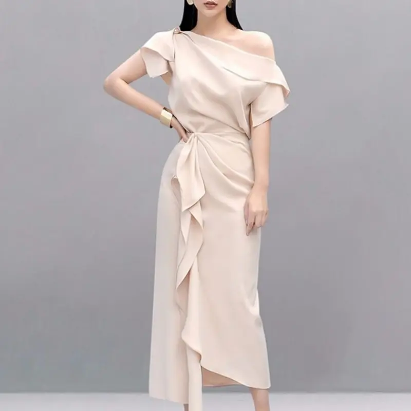 2021 गर्मियों में नवीनतम डिजाइन-शेयर सुंदर फैशन स्लिम एक कंधे खुबानी लघु आस्तीन मग़ज़ी महिलाओं ग्रीष्मकालीन आरामदायक कपड़े