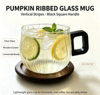 Tasse à café en verre borosilicate à nervures verticales, forme citrouille, avec poignée carrée en bois, résistante à la chaleur, avec sous-verre en bois