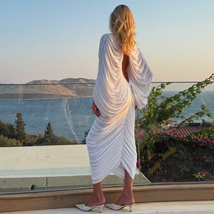 Vestido Midi Blanco Elegante y Sexy con Fruncido Transparente - Vestido de Noche Bodycon de Manga Larga con Espalda Descubierta para Mujer - Product Image 3