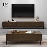 Console multimédia et table basse minimalistes en noyer, ensemble de meuble TV à profil bas avec rangement