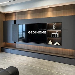 Современный простой деревянный телевизионный шкаф-тумба, складной, со встроенным настенным стеллажом для хранения и винной полкой, для гостиной в стиле фермерского дома или дома. - Product Image 1