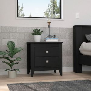 Mesita de noche Oasis de DB DEPOT de madera maciza moderna con cuatro patas, dos cajones, parte superior en negro para el hogar o el apartamento - Product Image 1