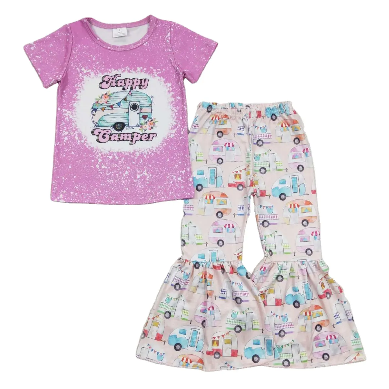 Vente en gros Offre Spéciale western boutique vêtements pour enfants vêtements pour bébés filles bus de camping rose rouge pantalon à manches courtes costume