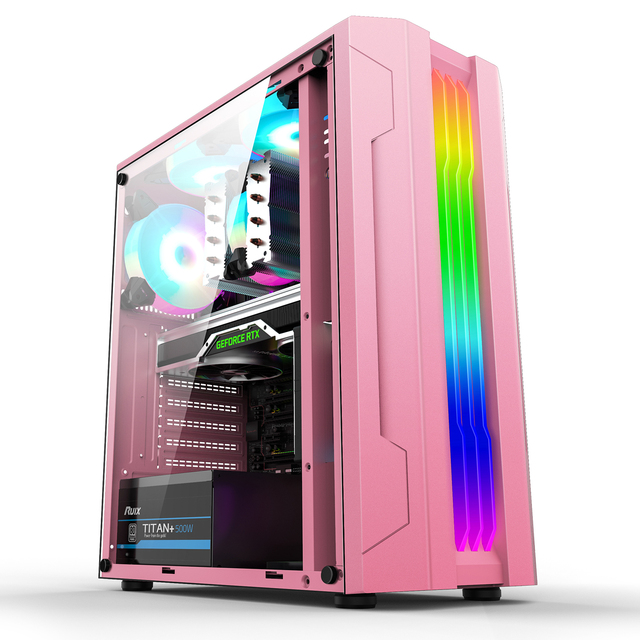 Ruix Twilight Pink Mid Tower PC Case Lightweight Desktop Table with RGB Light ATX Form Factor Stock Gaming Case for PC Computer