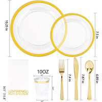 Vaisselle jetable en plastique PS à bords dorés, 175 ensembles, restaurants, mariage, fête, anniversaire, assiette, verre à vin, couteau, fourchette et cuillère