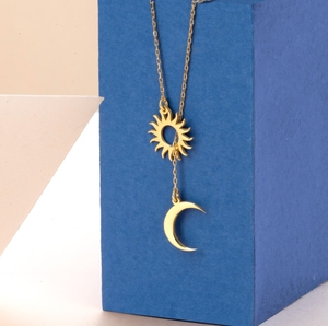 Collar <span class=keywords><strong>de</strong></span> Sol y <span class=keywords><strong>Luna</strong></span> Chapado en Oro <span class=keywords><strong>de</strong></span> 18k, Elegante Collar con Colgante Celestial en Forma <span class=keywords><strong>de</strong></span> Y, Collar Lariat Día y Noche, Joyería Boho Minimalista - Product Image 1