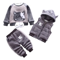 Infantile Del Bambino sveglio Del gatto di disegno del commercio all'ingrosso di Inverno lana di riempimento caldo abiti 3 piece pullover + felpa con cappuccio della maglia + pantaloni del bambino insieme dei vestiti