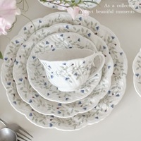 Vaisselle en céramique de style français, bleu floral, assiettes à dessert et assiettes à dîner en céramique