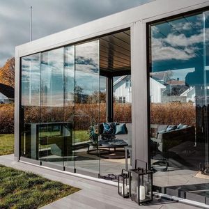 Pergola Bioclimatica Moderna in Alluminio per Esterni con Tetto Lamellare e Porta Scorrevole in <span class=keywords><strong>Vetro</strong></span> - Product Image 3