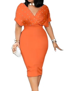 Vestido Casual de Fiesta para Mujer, Nuevo, Color Sólido, Cuello en V, Manga Corta, Espalda Drapeada con Cierre, Estilo Burbuja, para Verano - Product Image 2