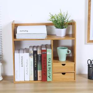 Bamboo Desktop Bookshelf Counter Top Bookcase, with 2 Drawers, Desk Storage Organizer Display Shelf Rack for Office Supplies