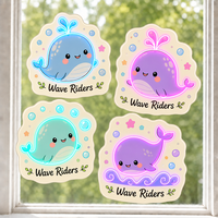 Autocollants personnalisés imperméables en PVC vinyle, motif baleine et vague océanique Kawaii, autocollant décoratif électrostatique imprimé UV pour fenêtre et verre