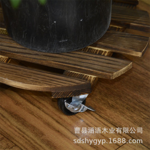Solid Wood Round Flower Pot Base With Wheels Carbonized Wood Movable Garden <b>Stand</b> Floor Standing Rustic Design - Product Image 5