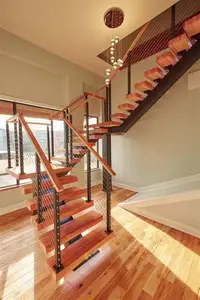गर्म डिजाइन आधुनिक अटारी लकड़ी की तैरती सीधी सीढ़ी लकड़ी की सीढ़ियाँ अदृश्य दीवार की ओर स्ट्रेंजर सीढ़ियाँ