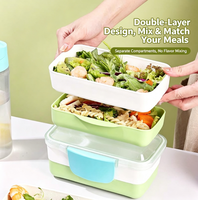 Boîte à lunch rectangulaire à double étage en plastique pour enfants, avec motif de dessin animé, ensemble bouteille d'eau et cuillère, portable, compatible micro-ondes