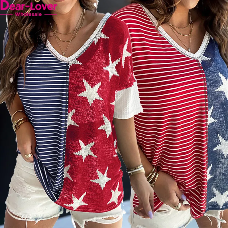 Dear-Lover Short Sleeves Tops Elegant American Flag Multicolor Stripes Stars Print Knit Blouse Women