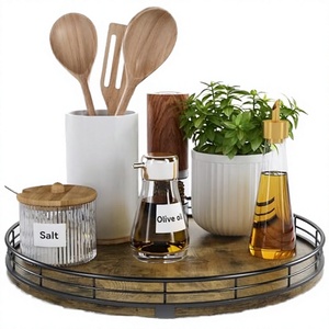 Estante para Especias de Madera Rústica de 12 Pulgadas con Barandilla Metálica Antideslizante Giratoria Multifuncional para Encimera de Cocina - Product Image 2