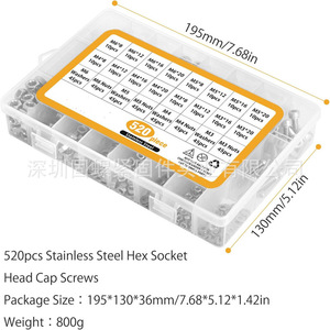 520Pcs 304 Stainless Steel Cylindrical Head Hex Screws Set Metric M3 M4 M5 M6 With Nuts Washers And Allen Keys - Product Image 5