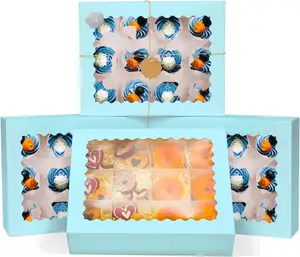 Luz azul 12 Caixas do queque com janela 16-Packs Cupcake Caixa 13 "x 10" x 3,5 "bolos Transportadora, 12 Recipientes do queque