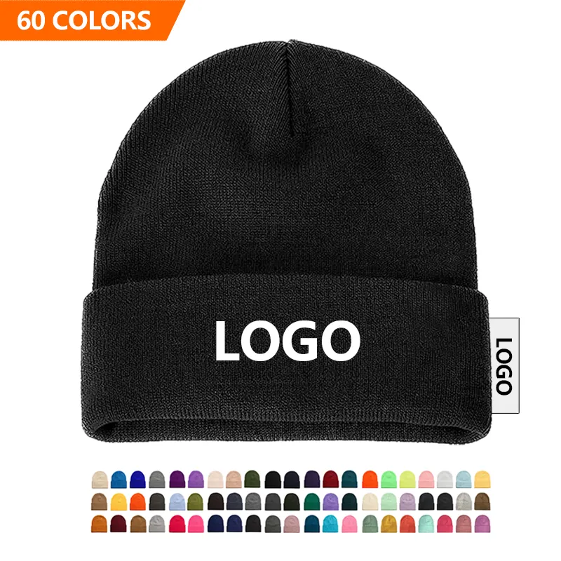60 색 비니 제조업체 사용자 정의 로고 자수 겨울 니트 모자 비니