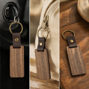 Premium Quality Rectangle Wooden Keychain Black Walnut and Beech Leather Encased <strong>Metal</strong> <strong>Keyring</strong> with Custom Logo - Product Image 2